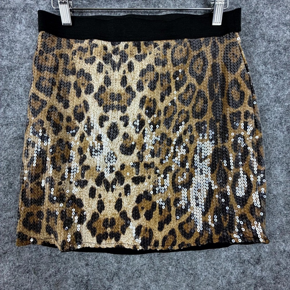 Sans Souci Sequin Mini Skirt Womens Large Black Brown Leopard Mob Wife Party